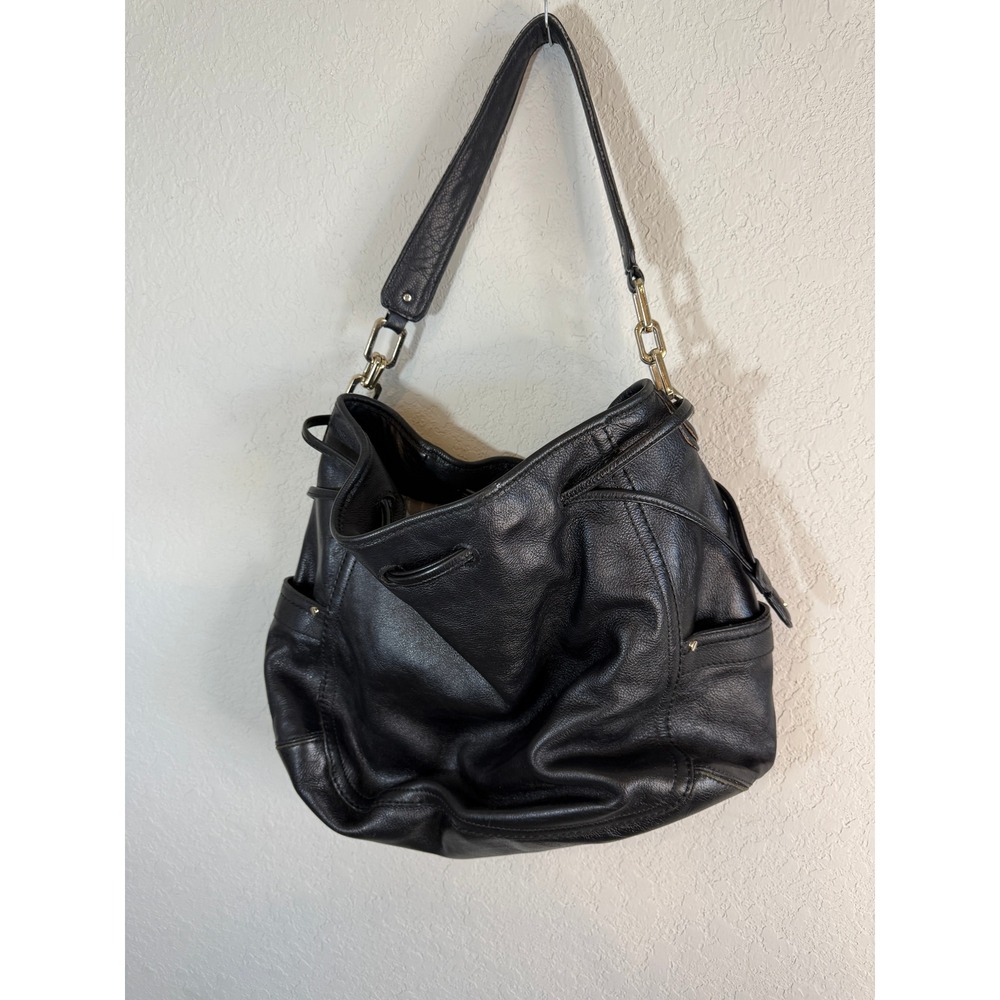 Cole Haan Black Leather‎ Hobo Shoulder Bag Drawstring Buckle Accents Gold